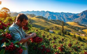 منظر طبيعي لأشجار البن في أحد مناطق زراعة القهوة الواقعة ضمن الحزام الاستوائي.