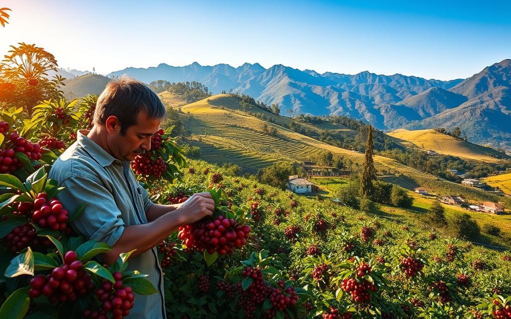 منظر طبيعي لأشجار البن في أحد مناطق زراعة القهوة الواقعة ضمن الحزام الاستوائي.