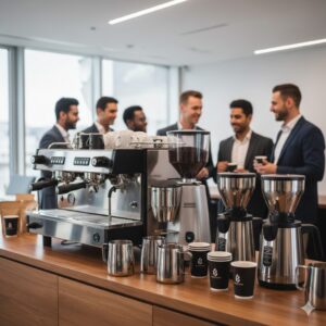 باقات تجارية للمقاهي والمكاتب تشمل ماكينة إسبريسو احترافية ومطاحن قهوة في بيئة عمل عصرية