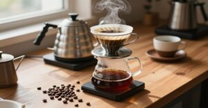 صب الماء فوق بن مطحون في أداة V60 لتوضيح تأثير حجم الحبيبات على الاستخلاص.