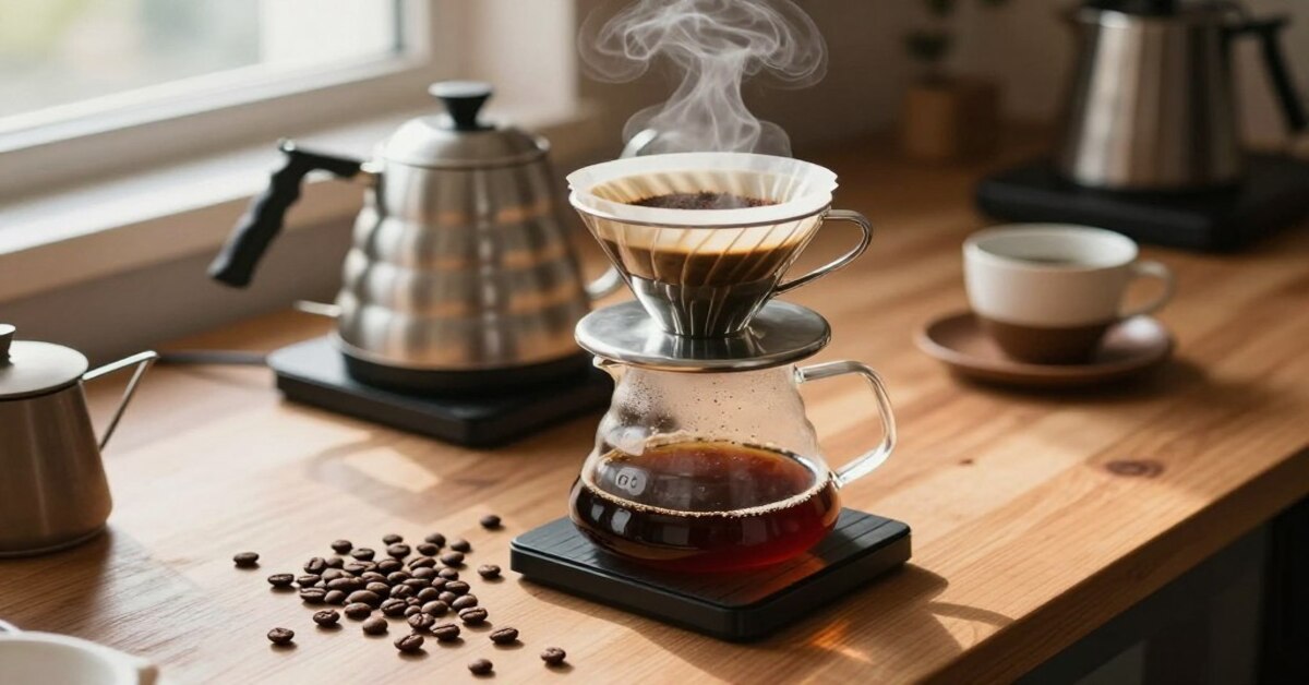 صب الماء فوق بن مطحون في أداة V60 لتوضيح تأثير حجم الحبيبات على الاستخلاص.