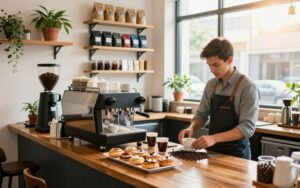 مخطط احترافي لتوزيع معدات القهوة المختصة وتجهيز مقهى جديد.