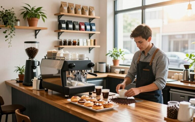 مخطط احترافي لتوزيع معدات القهوة المختصة وتجهيز مقهى جديد.