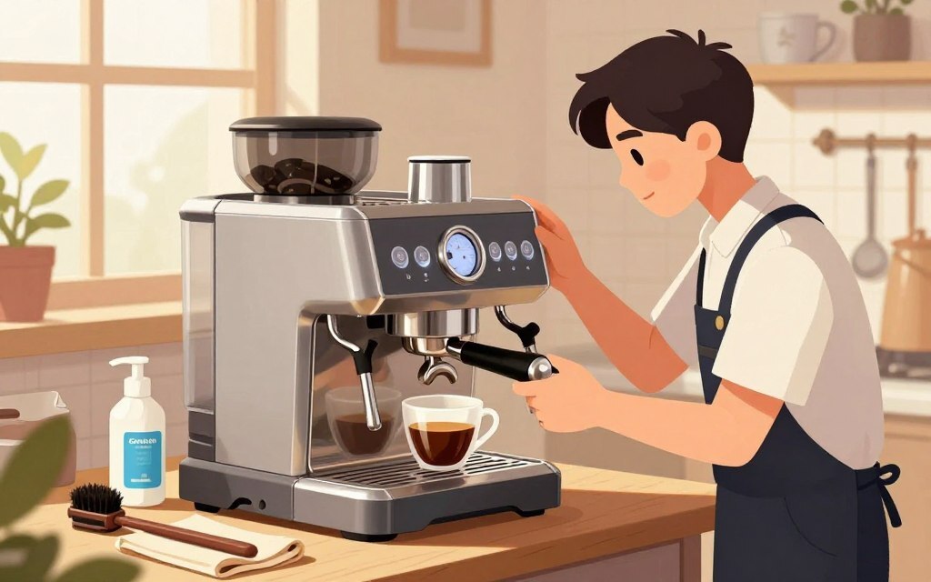 فني يقوم بعملية تنظيف وصيانة ماكينة قهوة إسبريسو مختصة للحفاظ على النكهة.