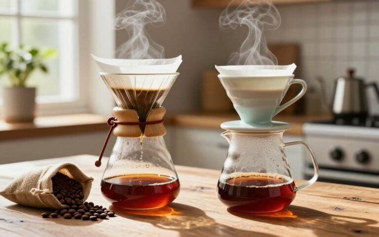 مقارنة بين أداة كيمكس وأداة V60 لتحضير القهوة المختصة.