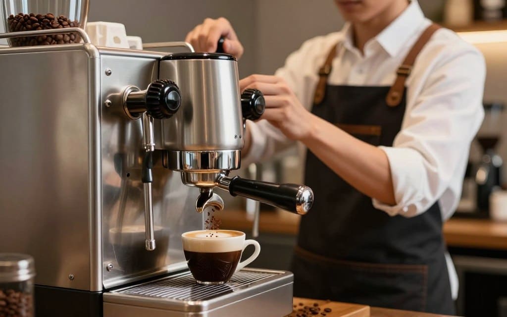 موزع قهوة احترافي يوزع البن المطحون بالتساوي داخل بورتافلتر مكينة إسبريسو.