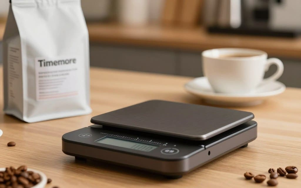 ميزان تايمور الرقمي الأسود مع شاشة LED لتحضير القهوة المختصة.
